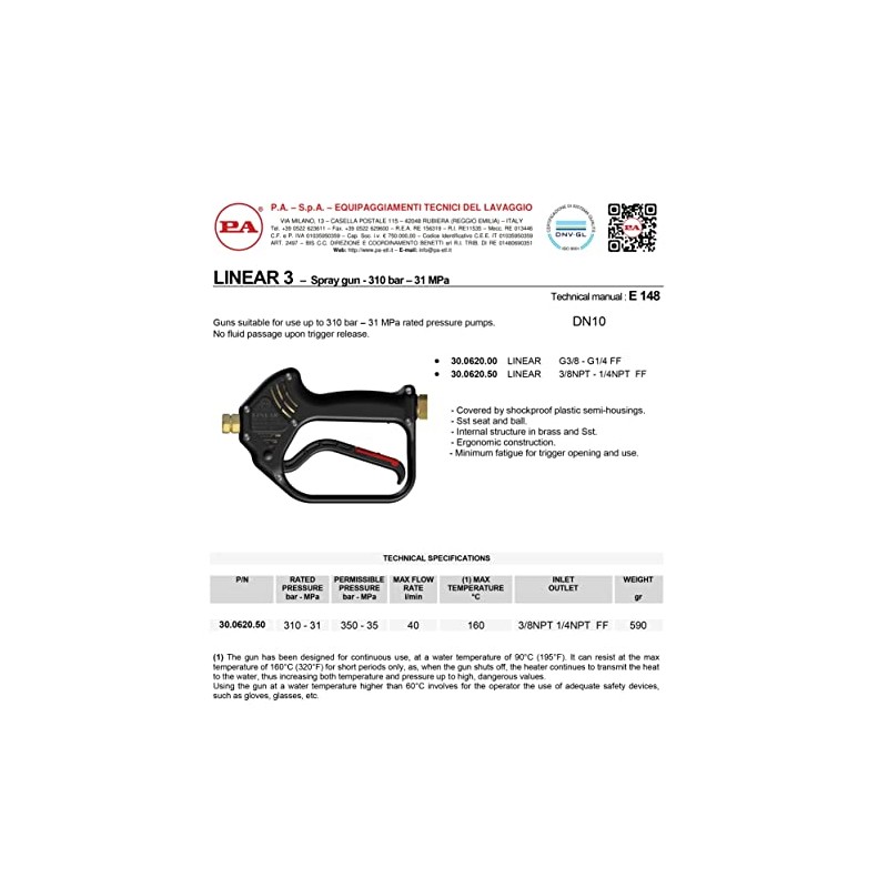 P.A. Linear 3: Horizontal Power Washer Spray Gun with SW6