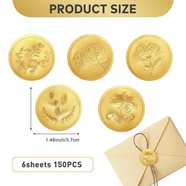 150Pcs Gold Embossed Envelope Seals Stickers Self Adhesive Wax Seal Stickers Vintage Embossed Foil Seal DIY Labels for Wedding Invitations Envelopes Certification 5 Patterns 6 Sheets