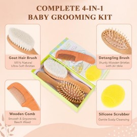 4 Piece Baby Hair Brush and Comb Set for Newborns, Wooden Baby Brush with Soft Natural Goat Bristle, Infant Hair Care Kit Helps Prevent Cradle Cap, Gr