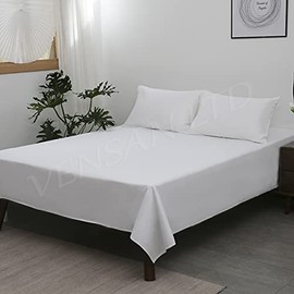 Flat Bedding Sheet, Size Double. 100% Cotton Satin, 300 Thread Count, White, Soft, Silky, and Breathable Natural, 5 Star Hotel Quality.