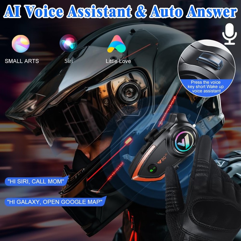 OBEST Motorcycle Helmet Intercom Bluetooth 5.3 HD Sound Quality RGB