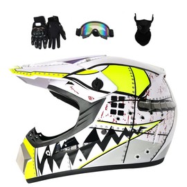 Senhill Youth ATV Dirt Bike Helmet, Motocross Helmet with Gloves Goggles Mask, Full Face Motorcycle Helmet, Adjustable Sun Visor & Quick Release Buckle, DOT/FMVSS 218 Approved (White, M)