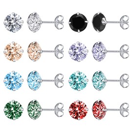 AoedeJ 8 Pairs Sterling Silver Stud Earrings Round Cubic Zirconia Earrings Set Hypoallergenic Earrings for Women Girls, Sterling Silver, Cubic Zirconia