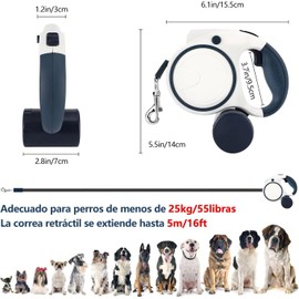 5M Correa Retráctil para Perro, Correa para Pasear Perros 1 Roll Bolsas de Basura y Dispensador de Bolsas, Cinta de Nailon Fuerte, para Perros de hasta 110 Lbs(50kg)(Azul Oscuro)