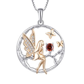 FJ Guardian Angel Necklace Pendant, 925 Sterling Silver, Angel Chain, Women's Fairy Butterfly Tree of Life Necklace with Birthstone, Cubic Zirconia Jewellery Gifts for Women and Girls, Sterling