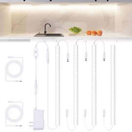 JUSJUBR Under Cabinet Lights Plug-in, 4 Pack x 12inch LED Under Cabinet Lighting, Dimmable Plug-in Light Bar for Desk, Under Kitchen Counter LED Lights with Memory Function, Cold White 6500K