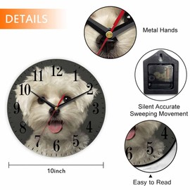 Mxocom Dog Face Wall Clock Maltese Puppy Panting Looking at The Camera Closeup 10 Inch Silent Non Ticking Battery Operated Clock Vintage Round Clock for Living Room Bedroom Bathroom Office Decor