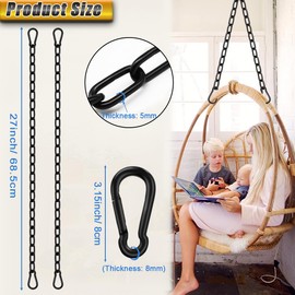 Gelury Heavy Duty Chain 21In, Black Swing Chain 660LB Capacity, Hanging Chain Extender, Porch Swing Chain Kit with Carabiners for Punching Bags, Boxing Bags (Black, 21 Inch, 2 Pack)