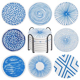 ZOFUN 16 Pcs Coasters Set Anti Slip, 10.3 x 0.7 cm Ceramic Coaster Set of 8 Paintings, Round Coasters with Cork Base, Blue & White Painted Ceramic Coasters for Coffee Table, Party, Office, Gifting