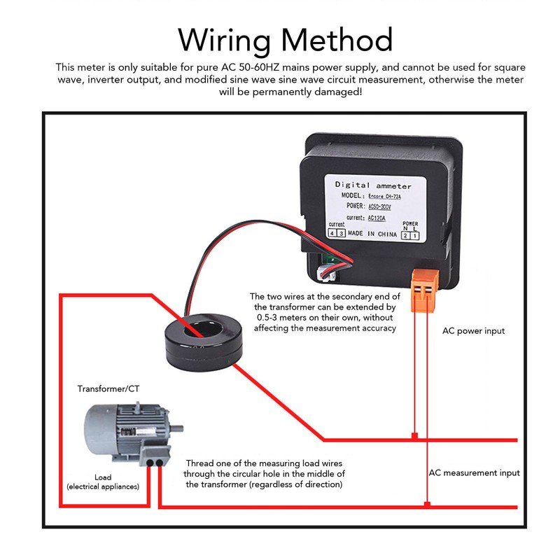 Digital Ammeter, Digital Display AC Current Indicator, 1-120A Measurement Range,