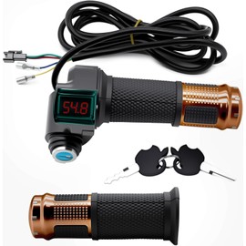 1Pair E-Bike Throttle Grip, 12v-84v Universal Electric Bicycle Throttle Grips with Key, LCD Battery Voltage Display for Motorbike Motorcycle E-Bike (Gold)