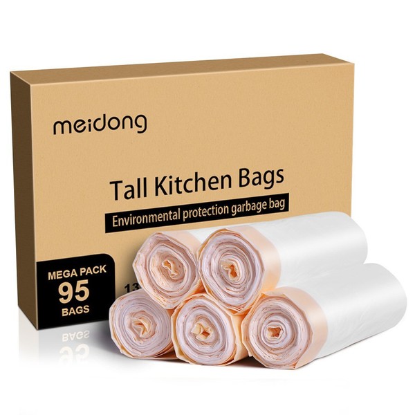 Trash Bags, meidong Garbage Bags 13 Gallon Large Tall Kitchen Drawstring Strong Multipurpose White Bags for Trash Can Garbage Bin(5 Rolls/95 Counts)