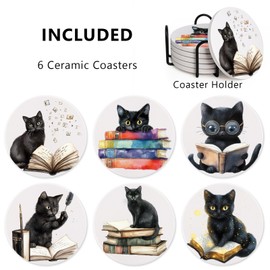 6Pcs Book Cat Coasters with Holder, Funny Ceramic Coaster for Bookworms