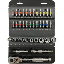 SIGNET 22041 Compact Storage, 1/4 SQ Socket Bit Set with Ratchet Handle, 37-Piece Set, Ideal for DIY and Bicycle, and Other Car Tools, Roll Choice