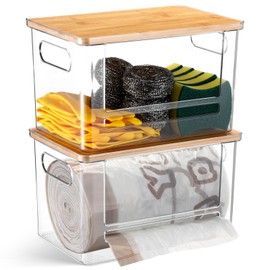 Teenyyou 2 Pcs Stackable Storage Containers with Bamboo Top Handles Extra Large Garbage Bag Holder Dispenser Trash Bag Organizer Open Front Bin for Kitchen Laundry Room Pantry Organization(Stylish)