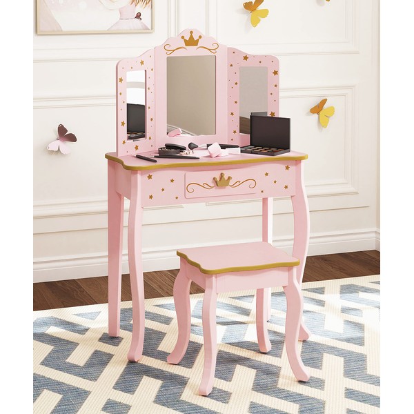 UTEX Pretend Play Kids Vanity Set with Mirror and Stool, Kids Make Up Vanity Desk with Mirrror for Little Girls, Children Makeup Dressing Table with Drawer, Pink