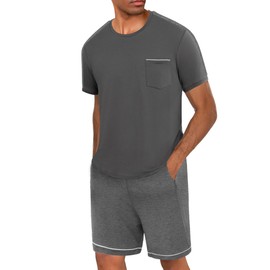 Crewhpo Men's Short Cotton Two-Piece Pyjamas Short Sleeve with Crew Neck Pyjamas Men in Contrast Colour Sleepwear Loungewear Summer, darkgray, XXL