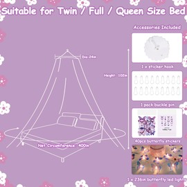 Temopow Purple petals Bed Canopy with Color Butterfly Light Mosquito Net Hanging Canopy Bed Fits Full Crib, Kids Beds, Twin, Queen, & King |Cute & Aesthetic Canopy Mosquito