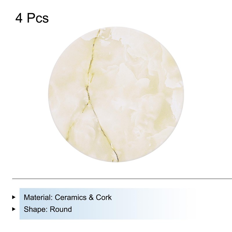sourcing map 4Pcs Absorbent Coasters Yellow Marble Gilding Pattern Round