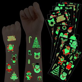 JUNEBRUSHS Glowing Christmas Temporary Tattoos for Kids, 208Pcs Kids Tattoos 20 Sheets Christmas Stocking Stuffers Glow in the Dark Decorations for Boys Girls Christmas Face Makeup Gift Filler