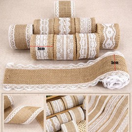 HSTWODE 10 m Jute Ribbon with Lace, 5 cm Wide Natural Jute Ribbons and Lace, White Lace Natural Decoration for Birthday, Wedding Party, Christmas Decoration (Style 14#)