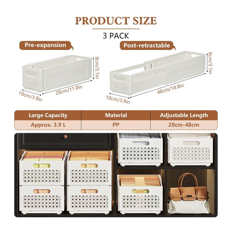 YTOPRO Expandable Storage Box,Plastic Storage Bins Adjustable from 28-48cm Stackable