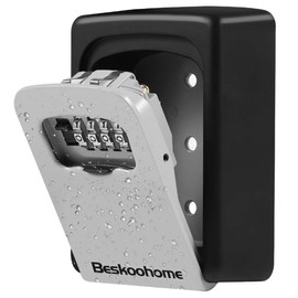 Key Safe Wall Mounted Lockbox - BeskooHome Waterproof Combination Key Lock Box, Zinc Alloy Key Storage with Slide Cover, Resettable Code, for House Spare Keys, Airbnb, Garage - Mounting Kit included