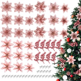 Zeyune 36 Pcs Christmas Poinsettia Artificial Flowers Decorations Glitter Poinsettia with Clips for Christmas Tree Ornaments Xmas Holiday Wedding Garland Party Decor 6 Inch 4 Inch 3 Inch (Rose Gold)