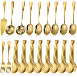 Tanlade 19 Pcs Stainless Steel Serving Utensils Set Flatware Include Spoons Forks Slotted Spoons Soup Ladle Skimmers Pie Server Serving Tongs for Home Buffet Party Breakfast Dinner(Gold)