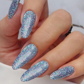 Medium Almond Press on Nails Glitter Nails Glossy Blue Fake Nails Solid Color Press ons Full Cover Acrylic Glue on Nails Finish False Nails for Women Girls Manicure Art 24Pcs