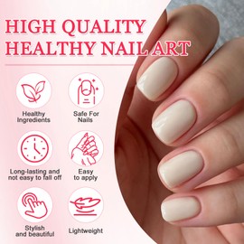 Viugex 24PCS Beige Press on Nails Short Square, Solid Color Glossy False Nails, Natural Acrylic Full Cover Fake Nail Set, Artificial French Gel Stick on Nails for Women Girls Nail Art Decorations