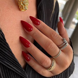 KQueenest Red Press on Nails Medium Almond Stiletto, Acrylic Fake Nails Set, Pure Color Acrylic Nails Press ons Almond, Reusable Soft Gel Glue on Nails for Women with Protective UV Coating 24 Pcs