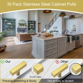 AEEKEL 30 Pack Brushed Brass Cabinet Knobs Single Hole Drawer Pulls, 2" Length Square Kitchen Knobs for Cabinet Handles, Stainless Steel Drawer Knobs for Bedroom Bathroom Office