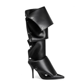 Arqa Womens Stiletto Heel Knee High Boots Pointed Toe Applique Denim Boot with Zipper Silver Buttons Fall Slouchy Boot Black Size 8