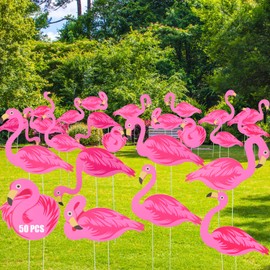 Yuntau 50 Pcs Pink Flamingo Yard Signs with 100 Stakes 8 Styles Patio Decoration Reversible Flamingo Lawn Signs Summer Beach Tropical Yard Stakes for Outdoor Garden Lawn Patio Walkway Party Favors