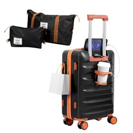 YANQIAO 20” Suitcase Set 3 Pcs, Airline Certified Luggage, Carry-on Luggage, Hard Shell Lightweight Luggage with Spinner Wheels (Luggage + 2 Travel Bags, Black)