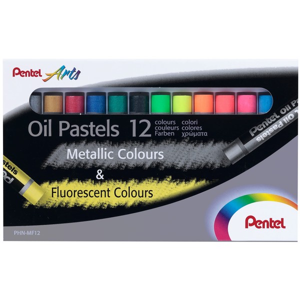 Pentel Fluorescent and Metallic Oil Pastels Set of 12 Assorted Colours, PHN-MF12