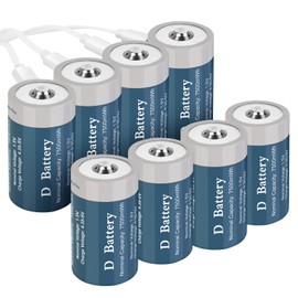 TOPUSSE 8 Pack Rechargeable Lithium D Cell Batteries 7500mWh, Long-Lasting 1.5V D Size Battery with USB Charging Cable