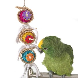 Pet Parrot Chewing Swing Toys with Rattan Ball String Hanging Rope Bells for Macaw African Greys Budgies(2 Design)(A)