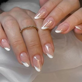 Pikabows Press On Nails Long Almond Swirl Nude Silver French Fake Nails Acrylic False Nail Tips Kit Glue on Nails for Women