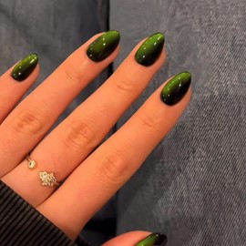 KQueenest Cat Eye Press on Nails Short Oval, 30 Pcs Neon Green Fake Nails Short Round, Sparkly Glitter Black Glue on Nails Almond, Reusable Shiny Chrome False Nails for Women Summer Decoration
