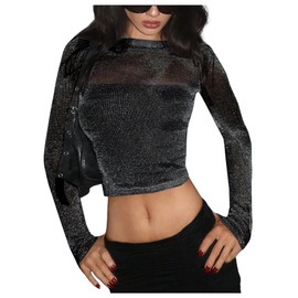 MakeMeChic Women's Y2K Crop Tops Metallic Boat Neck Mesh Long Sleeve Tops Club Tee Shirts Black Large