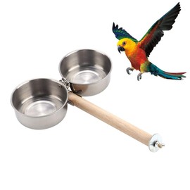 Bird Perch with Feeder Cups Bowls Stainless Steel Odorless with Holder Hanger for Outside Durable Water Food Dispenser for Parakeet Cockatiel Conure African Grey Macaw Cage Accessories