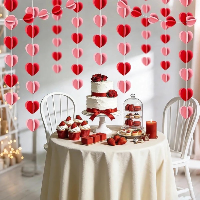 Zoonlinpp 6 Packs 3D Heart Garlands-22.1 Ft Red Pink Hanging