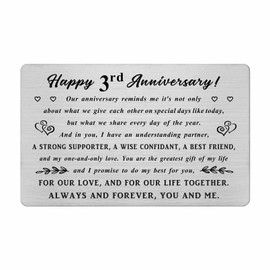 3rd Anniversary Card, 3rd Wedding Anniversary Husband Wife Gifts, Steel Engraved 3 Year Anniversay Wallet Card, 3 Yr Anniversary Romantic Gifts for Him Her