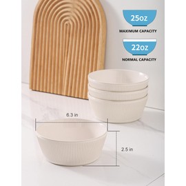 UBEE Ceramic Soup Bowls Set of 4, 6.3 inch Cereal Bowls, Microwave Safe Serving Bowls for Oatmeal, Soup, Pasta, Ramen, Dessert, Fruit, For Breakfast, Lunch and Dinner, White