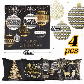 BETESSIN Set of 4 Black Christmas Pillow Covers - Cotton Linen Decorative Christmas Sofa Cushion Cover for Christmas Home Living Room Bedroom Decoration, 45 x 45cm