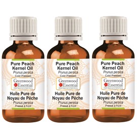 Greenwood Essential Pure Peach Kernel Oil (Prunus Persica) Natural Therapeutic Quality Cold Pressed (Pack of Three) 100 ml x 3 (10 oz)