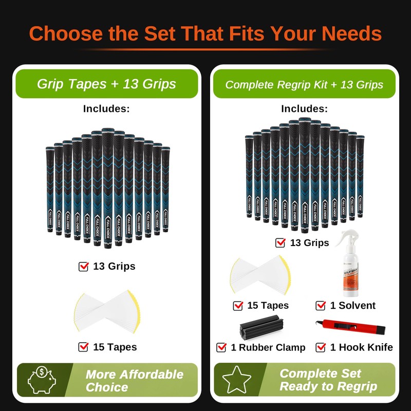 Full Choice Rubber Golf Grips 13 Pack, High Traction, Non-Slip,