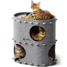 DownyPaws Cat House for Indoor Cats, 2-Storey Foldable Cat Bed Cave, Felt Cats Tunnel Bed Condo, Castle Kitten Cube Hideaway for Multicats, Scratch Resistant, Light Gray